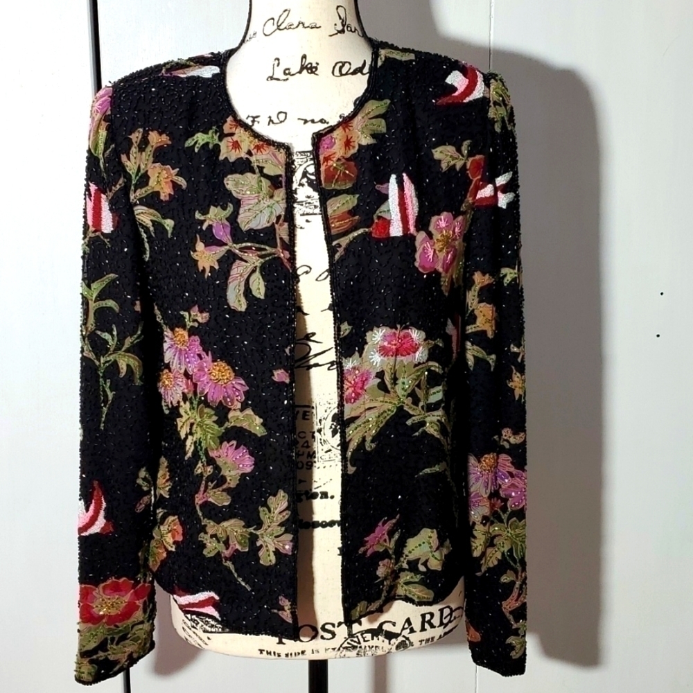 SEAN COLLECTION- Womens Black Beaded Floral Silk Jacket Blazer Vintage Sz.Medium
